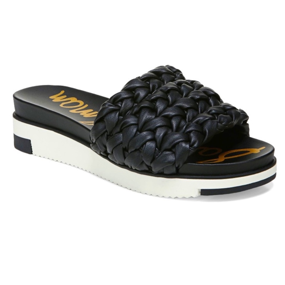 Ainslie Slide Sandal SAM EDELMAN black and white braided slides low wedge heel